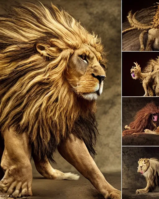 Image similar to photographs of a mythical manticore, a legendary animal with the head of a man, the body of a lion, and the tail of a dragon or scorpion 5 0 mm, studio lighting, in the style of national geographic