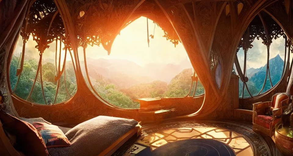 Image similar to An incredibly beautiful scene from a 2022 Marvel film featuring a cozy art nouveau reading nook balcony in a fantasy treehouse interior. 8K UHD.