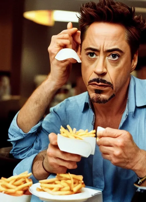 Image similar to a full portrait photo of robert downey jr eating mcdonald in movie iron man, f / 2 2, 3 5 mm, 2 7 0 0 k, lighting, perfect faces, award winning photography.