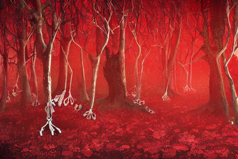 Image similar to blood raining on forest with trees made out of bones with pearl leaves, digital art