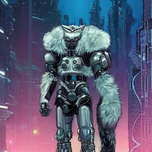 Image similar to portrait of a cybernetic werewolf warrior with white fur and power armor, cyberpunk concept art by josan gonzales and moebius and enki bilal and and dan mumford and jean claude meziere and philippe druilleg