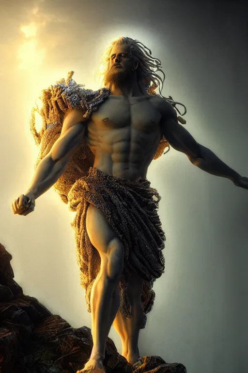 Image similar to hyperrealistic mixed media painting of zeus, full body, stunning 3 d render inspired art by p. craig russell and barry windsor - smith dim volumetric lighting, 8 k octane beautifully detailed render, post - processing, intricate, epic composition, grim yet sparkling atmosphere, cinematic lighting
