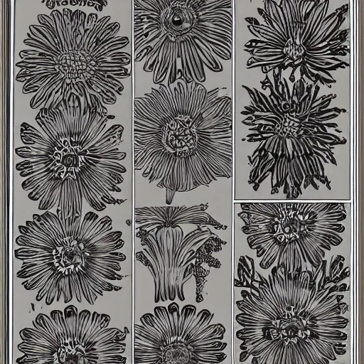 Image similar to a type specimen sheet, gothic daisy font