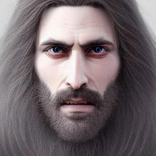 Image similar to a highly detailed portrait of a man without a beard, purple eyes, light gray long hair, wearing a black cloak, artstation, DeviantArt, professional, octane render