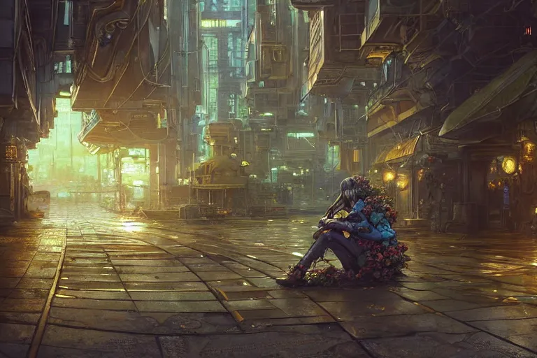 Image similar to A very detailed flower on the street of a very highly detailed solarpunk city art by Greg Rutkowski, neofuturistic highly detailed, digital concept art, Dimensional cyan gold natural light, sharp focus, Golden Ratio illustration, realistic concept art by Stephen Hickman and James Gurney and Hiromasa Ogura Ghost in the Shell rendered in Octane Render