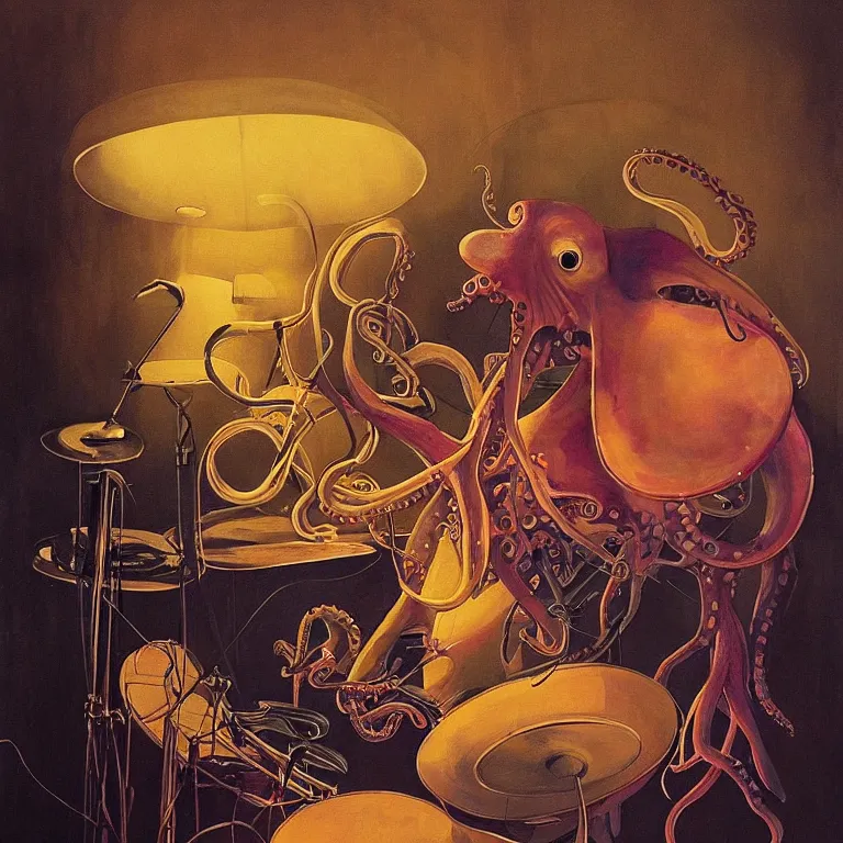 Image similar to a beautiful painting by etam cru of an octopus playing drums and telecaster guitar in an electronic concert, dark background, concert light, dark mood, warm lights