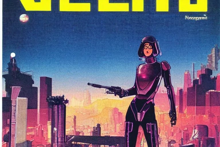 Image similar to 1979 OMNI Magazine Cover of vervet apeling Paladin . window showing neo-Tokyo streets behind her. in cyberpunk style by Vincent Di Fate