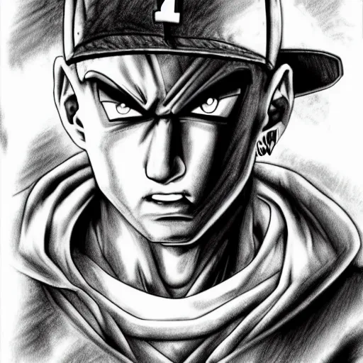 Image similar to eminem drawn in the style of dragon ball z