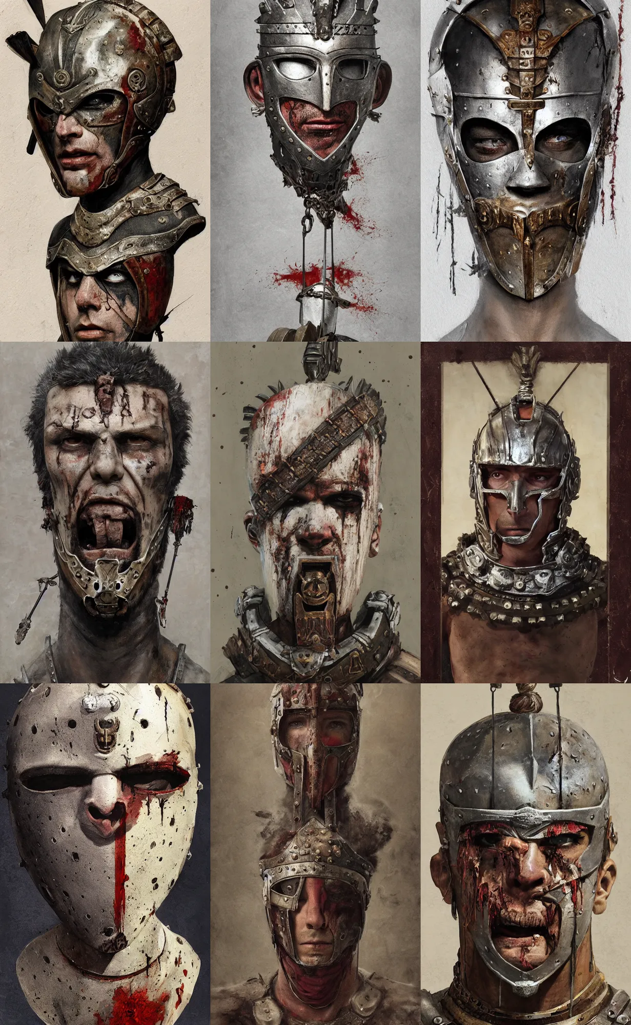 Prompt: A mixed media portrait painting of a man wearing the roman gladiator mask-of-Damocles, detailed mask, detailed jaw and eyes, dried blood, by Frank Frazetta, Greg Rutkowski, Beeple, Yoko Taro, Christian MacNevin, epic fantasy character art, roman numerals, high fantasy, CGsociety, full length, exquisite detail, post-processing, masterpiece, volumetric lighting, cinematic