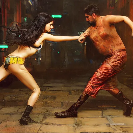 Prompt: a cat fighting frogs ( blade runner 2 0 4 9, dystopian, cyberpunk 2 0 7 7 character design ). orientalist portrait by john william waterhouse and james gurney and theodore ralli and nasreddine dinet, oil on canvas. cinematic, hyper realism, realistic proportions, dramatic lighting, high detail 4 k