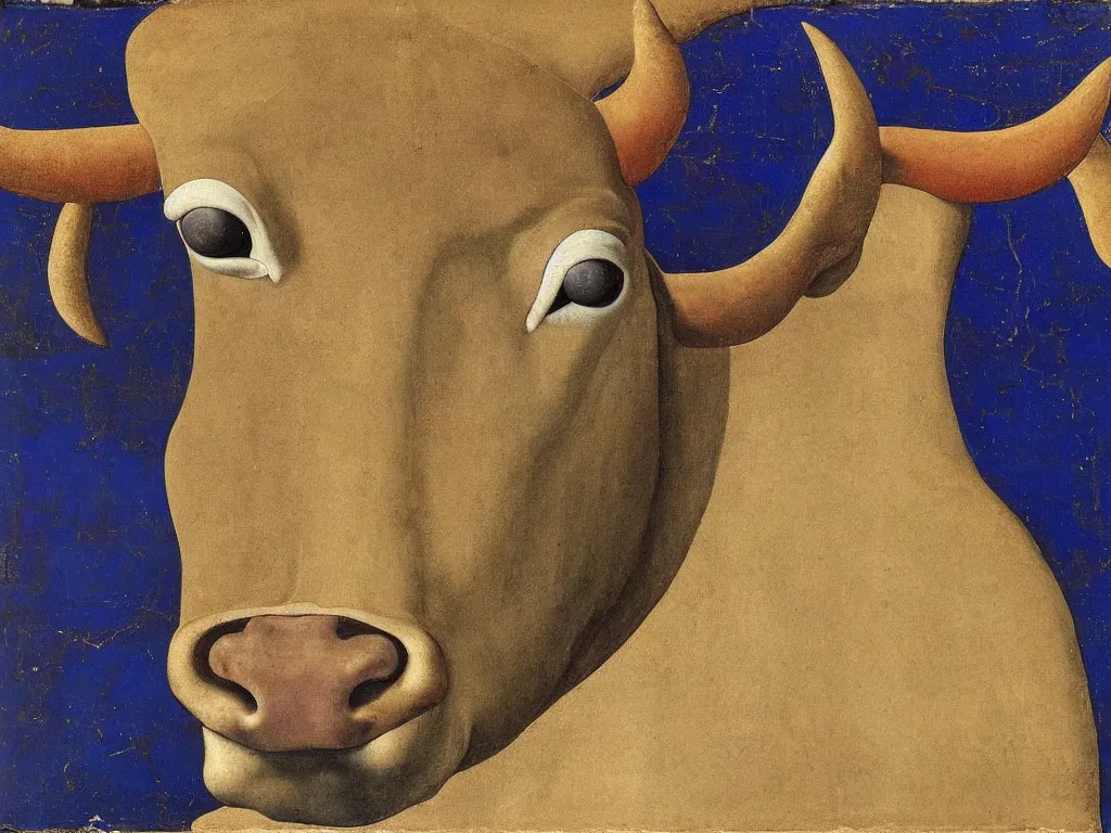 Image similar to portrait of a bull head. lapis lazuli, malachite, cinnabar, gold. painting by piero della francesca, balthus, agnes pelton