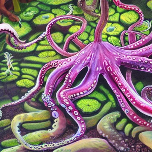 Image similar to an octopus picking out plants at a garden centre, photorealistic