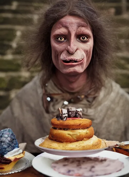 Image similar to closeup portrait of a medieval goblin eating cakes in the cloisters, depth of field, zeiss lens, detailed, symmetrical, centered, fashion photoshoot, by Annie Leibovitz and Steve McCurry, David Lazar, Jimmy Nelsson, Breathtaking, 8k resolution, extremely detailed, beautiful, establishing shot, artistic, hyperrealistic, beautiful face, octane render