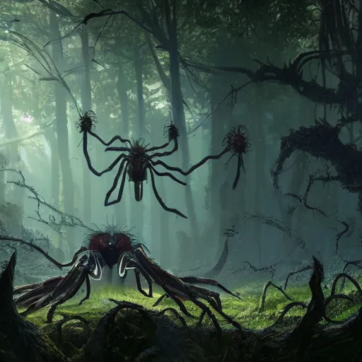 Image similar to an ugly giant spider, beautiful, realistic, 8 legs, atmosphere, vibe, forest, giant webs, ferns, bones, concept art illustration, color page, tone mapping, akihiko yoshida, james jean, andrei riabovitchev, marc simonetti, digital illustration, greg rutowski, volumetric lighting, sunbeams, particles