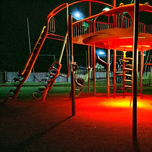 Image similar to a playground at night with only one orange light, creepy, found footage