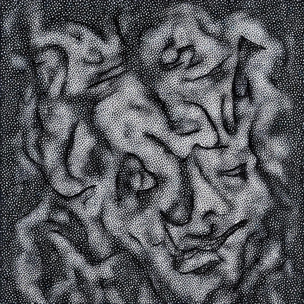 Image similar to camo made of out teeth, smiling, abstract, maya bloch artwork, do hoang tuong artwork, cryptic, dots, stipple, lines, splotch, concrete, color tearing, pitch bending, faceless people, tribal, dark, ominous, eerie, minimal, points, technical, painting