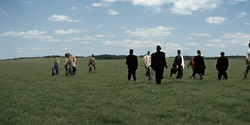 Prompt: the main cast of seinfeld in the distance in a wide open field, photograph by andrei tarkovsky