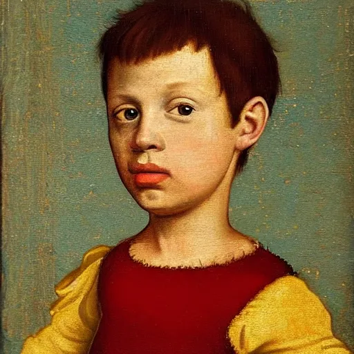 Image similar to a renaissance style portrait painting of Bart Simpson