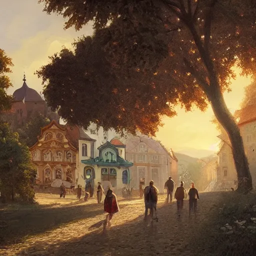 Image similar to a beautiful painting of banska stiavnica in summer with old houses and trees in sunset, sky, people walking on street, unreal engine, by greg rutkowski and james gurney, artstation