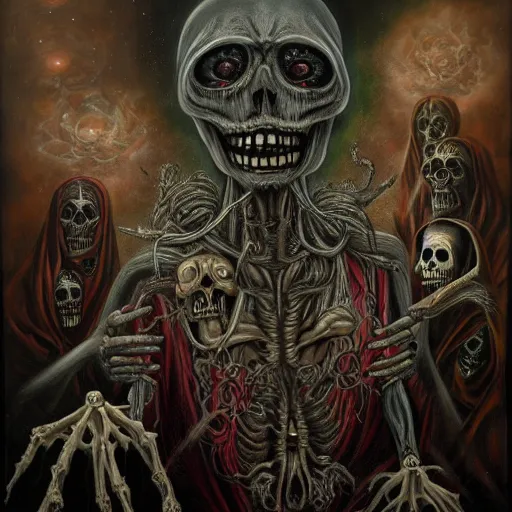 Prompt: santa muerte being awakened by a mexican death cult through a ritual, by anton semenov and amanda sage and h.r. giger in a surreal dark horror style, oil on canvas, 8k, hd,