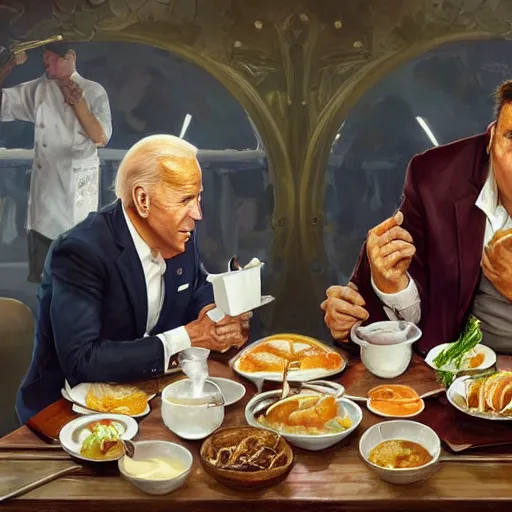 Image similar to Joe Biden and an obese chef eating together unhealthy food at the white house, highly detailed, digital painting, artstation, concept art, sharp focus, illustration, art by artgerm and greg rutkowski and alphonse mucha and Norman Rockwell