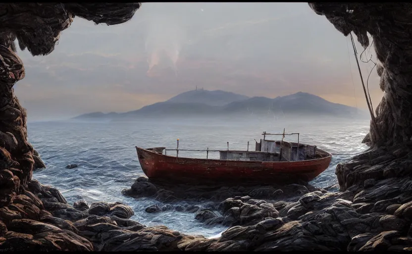 Image similar to old wooden fishing boat, directed by charlie kaufman ( 2 0 0 1 ) anamorphic lenses, a rocky shore in the foreground, foggy volumetric light morning, a beam of light from the heavens, cinematic trending on artstation in the style of greg rutkowski