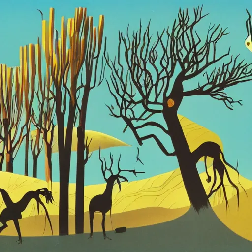 Prompt: eyvind earle desert creatures game