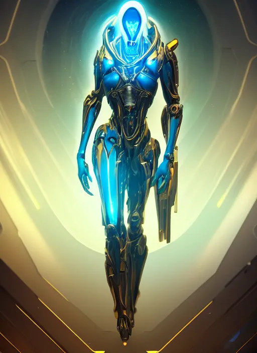 Image similar to benevolent cyborg necromancer, scifi, futurism, alien room background, white, blue, gold, protoss, warframe, highly detailed, trending on artstation, soft light, sharp edges, illustration, character design, art by vitaly bulgarov and nivanh chanthara