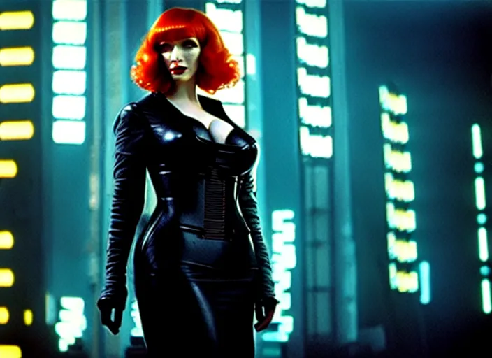 Image similar to filmstill of christina hendricks in bladerunner wearing a cyberpunk costume, 1 0 0 mm lens, canon eos, red cinema camera, frontal view, dynamic pose, intricate, elegant, highly detailed, centered, redshift, octane, smooth, sharp focus, zeiss lens,