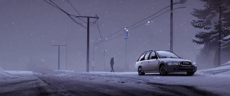 Image similar to Audi A4 B6 Avant (2002), a gritty neo-noir, dramatic lighting, cinematic, eerie person silhouette, death, homicide, homicide in the snow, gunshots, establishing shot, extremely high detail, photorealistic, cinematic lighting, artstation, by simon stalenhag, Max Payne (PC) (2001) winter New York at night, In the style of Max Payne 2 graphic novel, flashing lights, Poets of the Fall - Late Goodbye