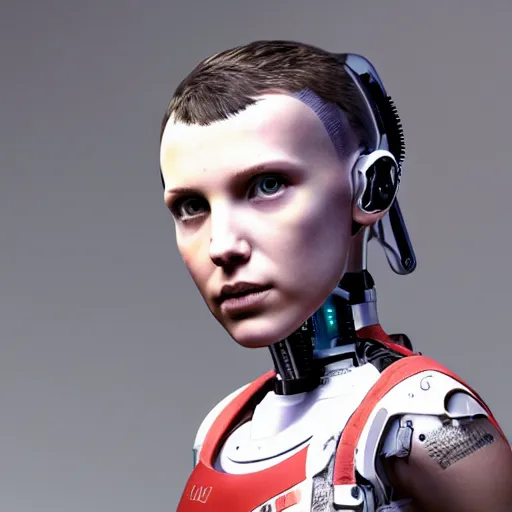Image similar to Portrait of cyborg Millie Bobby Brown by Yoji Shinkawa, octane render