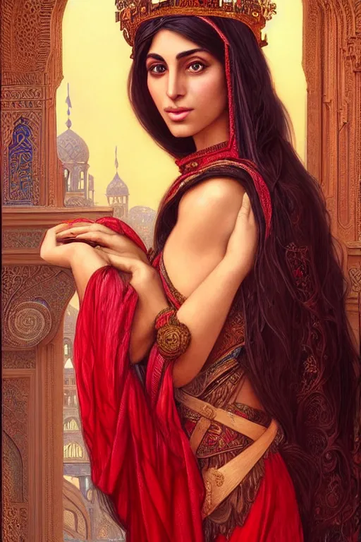 Image similar to Beautiful portrait of a Persian Princess who is an architect, beautiful princess, face painting, architecture, persian style architecture, dramatic lighting, intricate, wild, highly detailed, digital painting, artstation, concept art, smooth, sharp focus, illustration, black+velvet+red, art by artgerm and greg rutkowski and alphonse mucha, footage from space camera