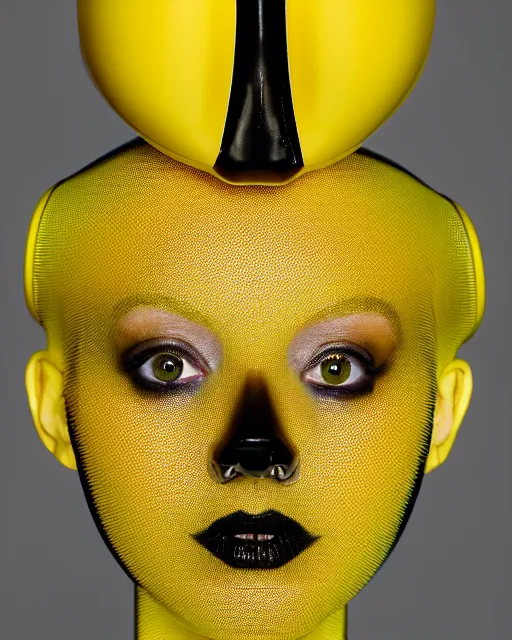 Image similar to symmetrical portrait of a woman wearing a translucent silicone beauty mask and yellow hair, wearing a black bodysuit by alexander mcqueen, black background, soft diffused light, biotechnology, humanoide robot, bjork aesthetic, translucent, by rineke dijkstra, intricate details, highly detailed, masterpiece,