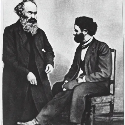 Image similar to Karl Marx and Ayn Rand conspiring, photo, 1920, military base backround