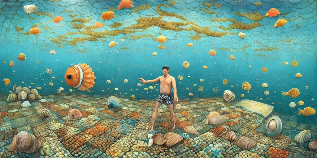 Image similar to man in the swimming suit walks down the street in the underwater city inside!! the seashell, seaweed, corals, carps, koi fish, small scandinavian!!! houses!!!, by jacek yerka by levitan, surrealistic painting, masterpiece, oil painting, sharp focus, highly detailed, intricate, smooth, 8 k,