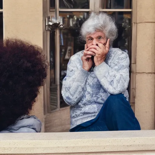 Image similar to astonished older lady looking at smartphone angrily, wild hair, greek ethnicity, angry eyes,