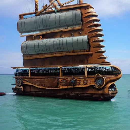 Prompt: a giant steampunk catamaran, amazing steampunk dieselpunk ship, giant catamaran in the ocean