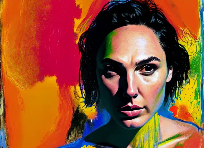 Image similar to portrait of gal gadot in fear, by vincent lefevre and hernan bas and pat steir and hilma af klint, psychological, photorealistic, dripping paint, washy brush, rendered in octane, altermodern, masterpiece