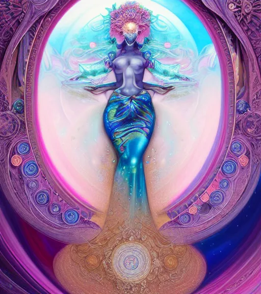 Image similar to porttait of a beautiful celestial Italian Mexican pearlescent rgb Goddess wearing a futuristic lush Japanese slim dress exposed in cryo chambers by James Jean, royal blue and pink and gold theme, intricate, elegant, highly detailed, centered, digital painting, artstation, concept art, smooth, sharp focus, illustration, by Peter Mohrbacher, WLOP