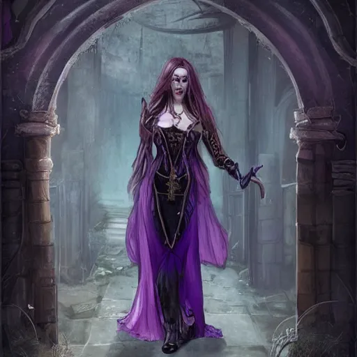 Image similar to Pale Sorceress with long dark hair walking within an abandoned and decayed medieval temple. She wears a purple dress adorned in jewelry flashing gold, trending on artstation, dark fantasy