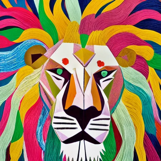 Prompt: closeup portrait of lion head, lion fur made from party ribbons floating party confetti , concept art, huge scale, high detail, intricate by Pablo Picasso and Dali and James Jean