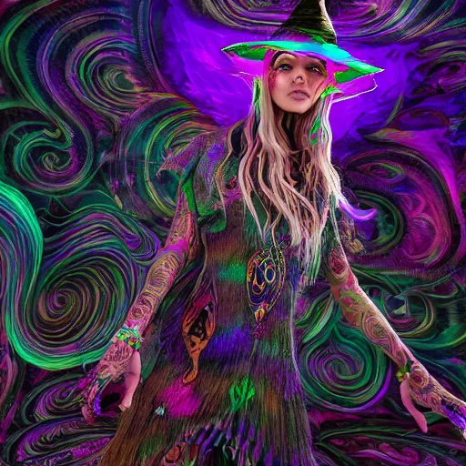 Prompt: psychadelic witch with a witch hat, hyper detailed, flowing psychadelic background intricate and detailed, digital art, baroque style, 8 k, octane render