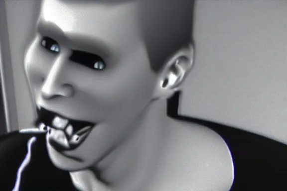 Prompt: a black and white screenshot from a vhs tape of jerma with his mouth unhinged and wide open in the dark