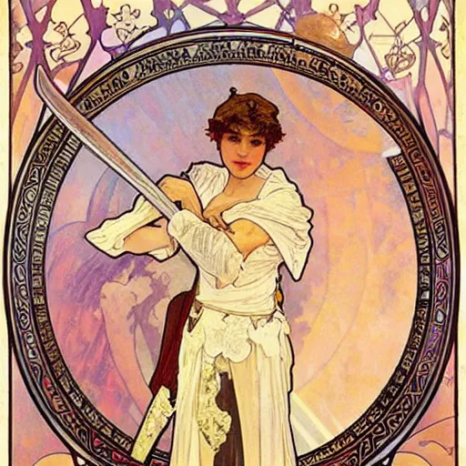 Image similar to An elf prince with a sword ,alphonse mucha