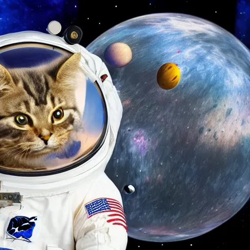 Prompt: high-energy full body main coon TY beanie baby wears a spacesuit and floats close-up next to the james webb space telescope in outer space, 8k highly professionally detailed, HDR, photorealistic