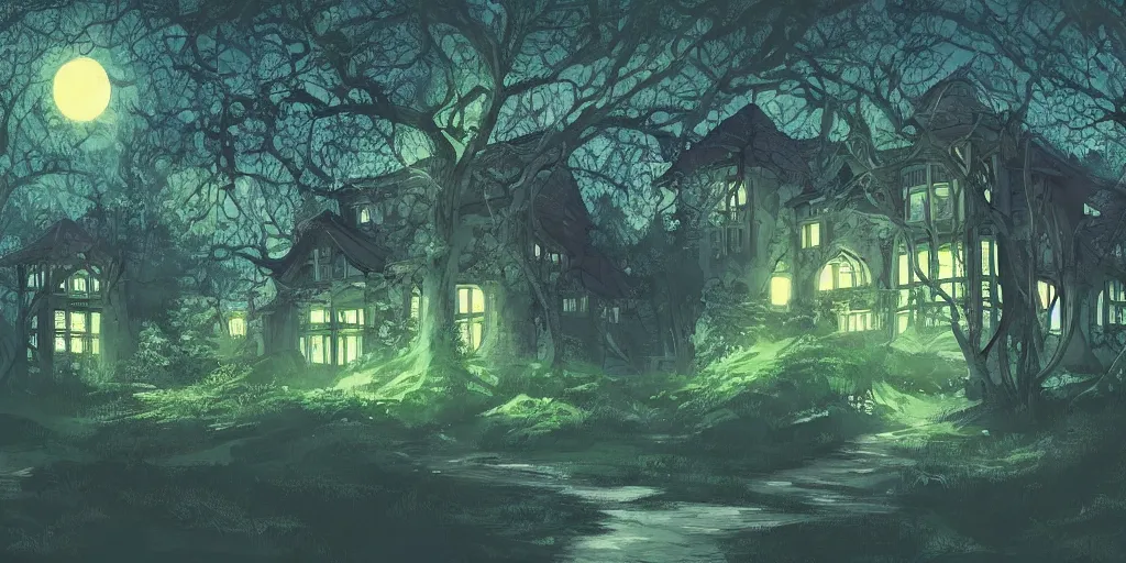 Prompt: manor in the middle of the forest, at night, green, dark blue!!!!, bright, artstation, detailled, manga!!!, fantasy!!!!!!