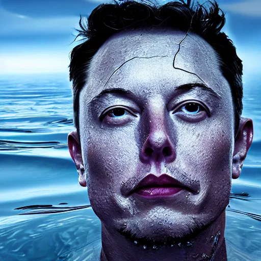 Image similar to water artwork manipulation in the shape of elon musk head, on the ocean water, ray tracing, realistic water sharp focus, long shot, 8 k resolution, cinematic, amazing water art