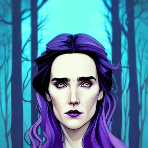Prompt: in the style of Joshua Middleton comic art, beautiful witch spooky female, Jennifer Connelly, blue and purple glowing hair, perfect eyes perfect symmetrical eyes, symmetrical face, dark forest background, painterly style