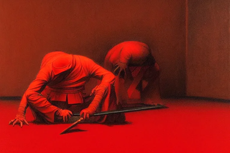 Image similar to only with red, a red samurai do seppuku, tokio, a lot of frogs watch, in the style of beksinski, parts by edward hopper, parts by rodcenko, parts by yue minjun, intricate and epic composition, red by caravaggio, insanely quality, highly detailed, masterpiece, red light, artstation, 4 k