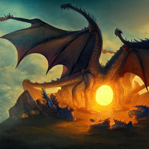 Prompt: family of dragons living in a base on the surface of the sun, digital art, highly detailed, epic composition, wide angle, cinematic lighting